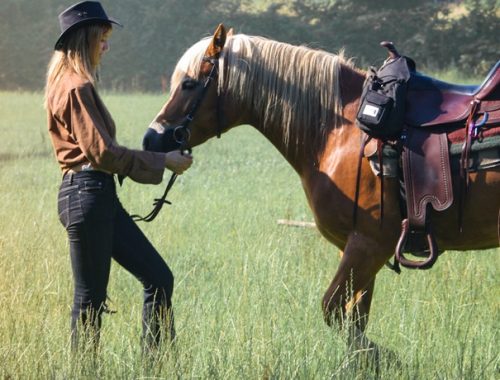 Estilo country feminino: cowgirl próxima de um cavalo
